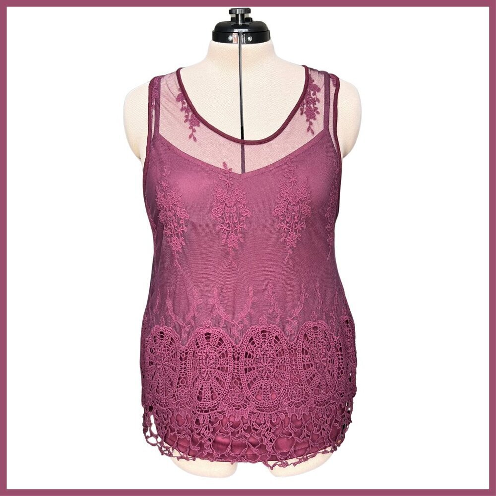 I.N.C. (XL - EUC) Cranberry Sheer Embroidered Lace Tank Set